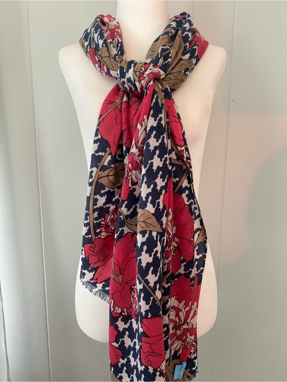 J. McLaughlin Wool Scarf Floral Houndstooth Geometric Pink Navy Tan Fringe